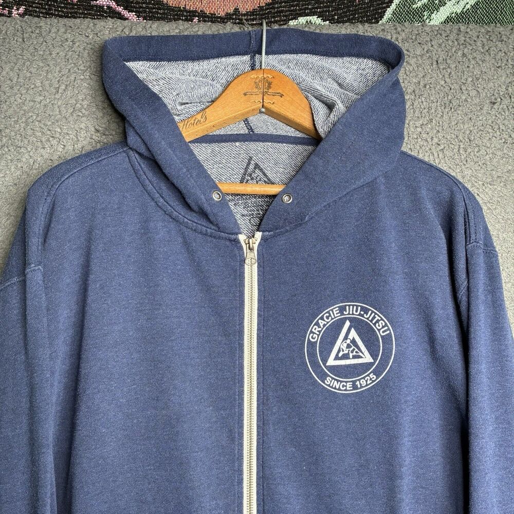 Gracie Jiu Jitsu Full Zip Hoodie Men's XL Blue Graphic Logo Barra Thumb Holes